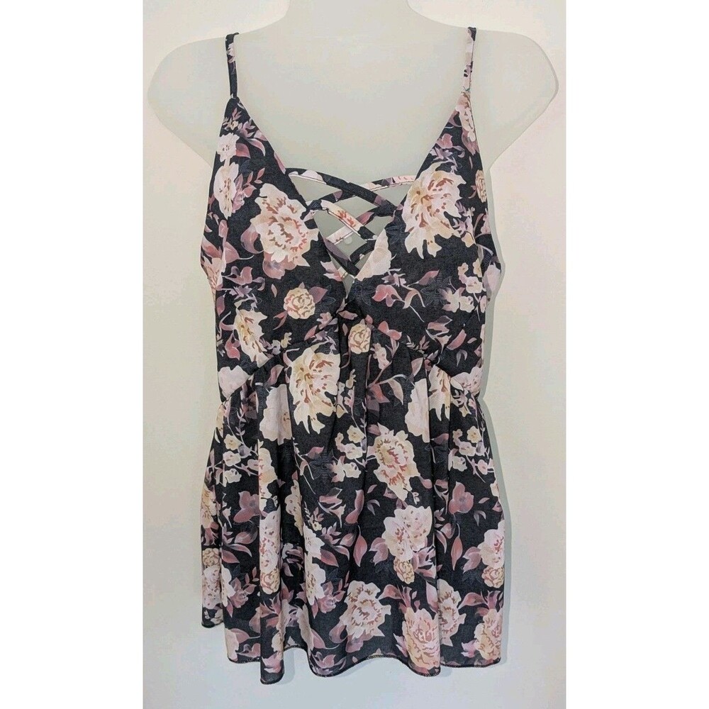Women's SZ M Babydoll Camisole Y2K Silky Top Black Dark Floral Fairy Romantic